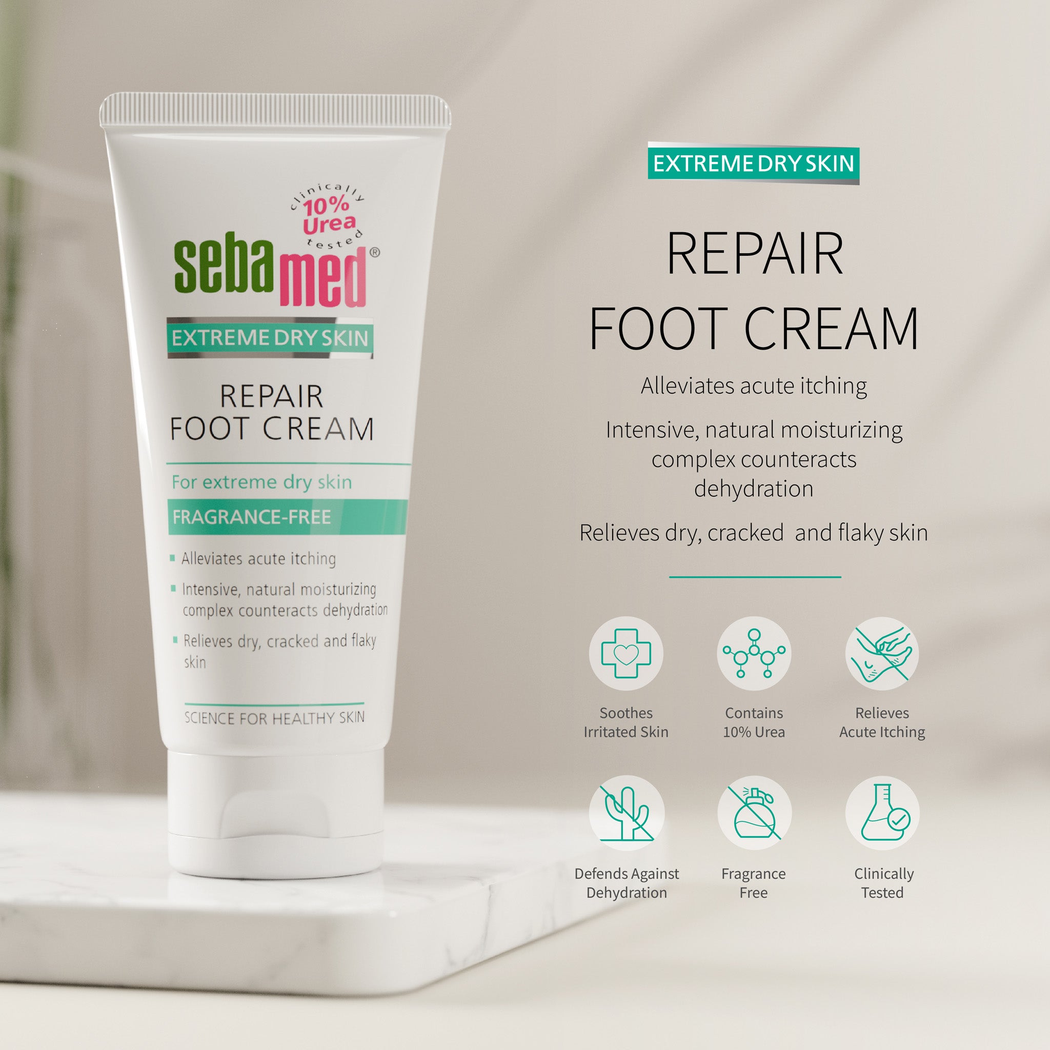Sebamed Extreme Dry Sin Repair Foot Cream shown in a white squeeze tube on a marble pedestal with product text and benefit icons on a soft beige background.