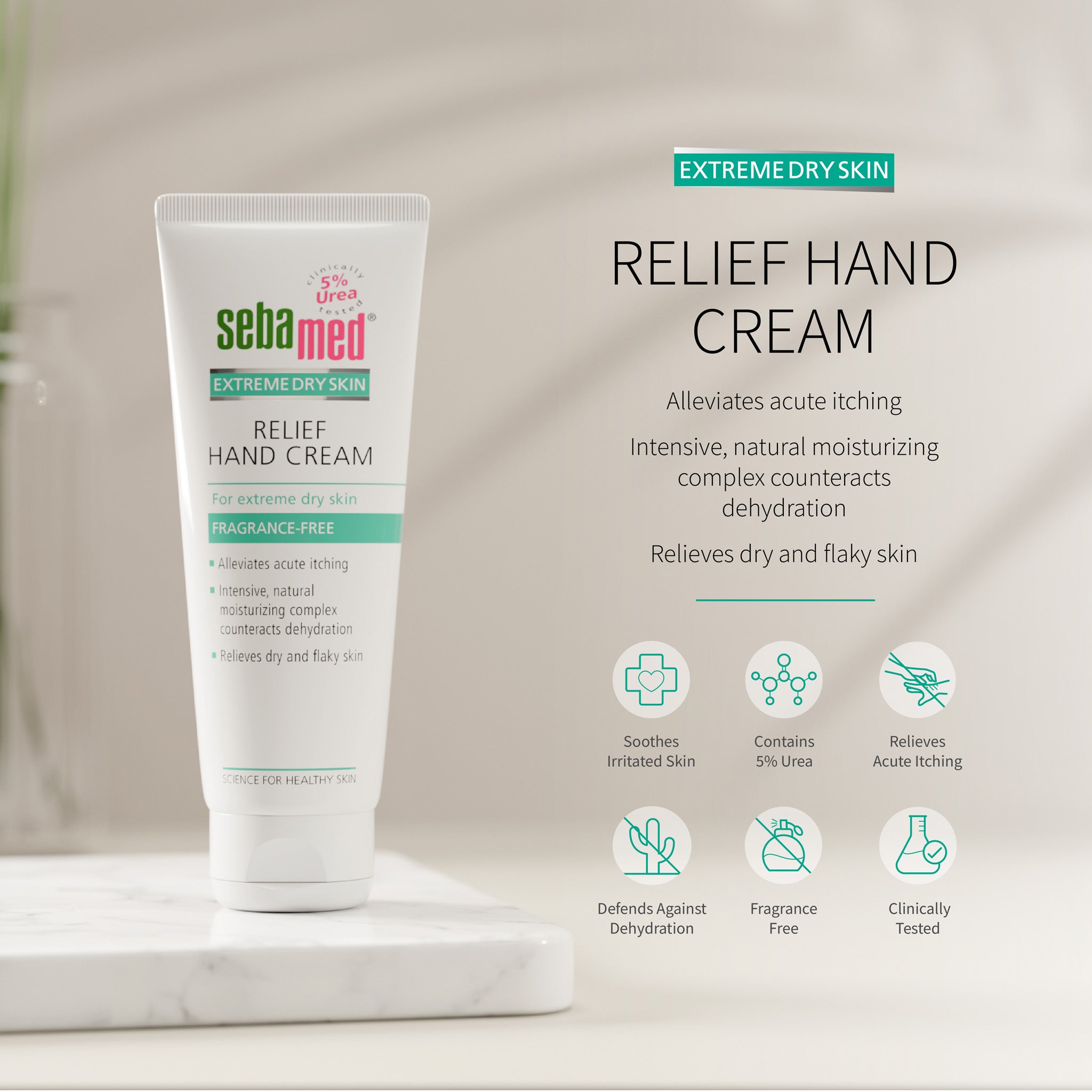 Sebamed Relief Hand Cream for extreme dry skin, shown in a white squeeze tube on a marble pedestal with product text and benefit icons on a soft beige background.