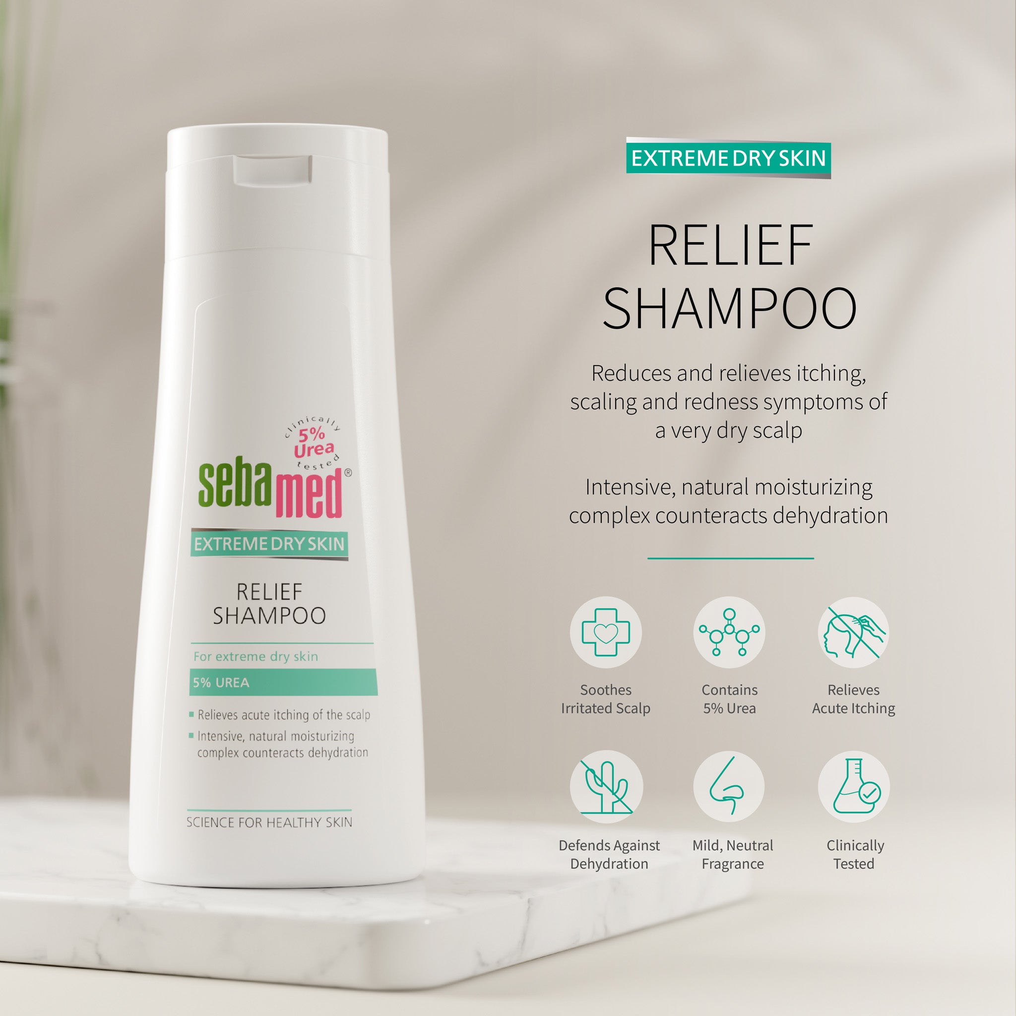 Sebamed Extreme Dry Skin Relief Shampoo shown in a white bottle on a marble pedestal with product text and benefit icons on a soft beige background.