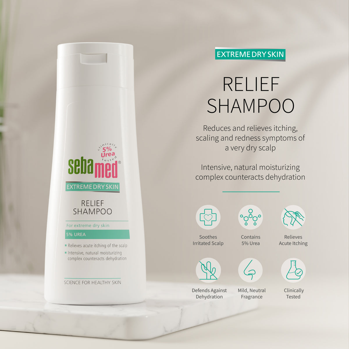 Sebamed Extreme Dry Skin Relief Shampoo shown in a white bottle on a marble pedestal with product text and benefit icons on a soft beige background.