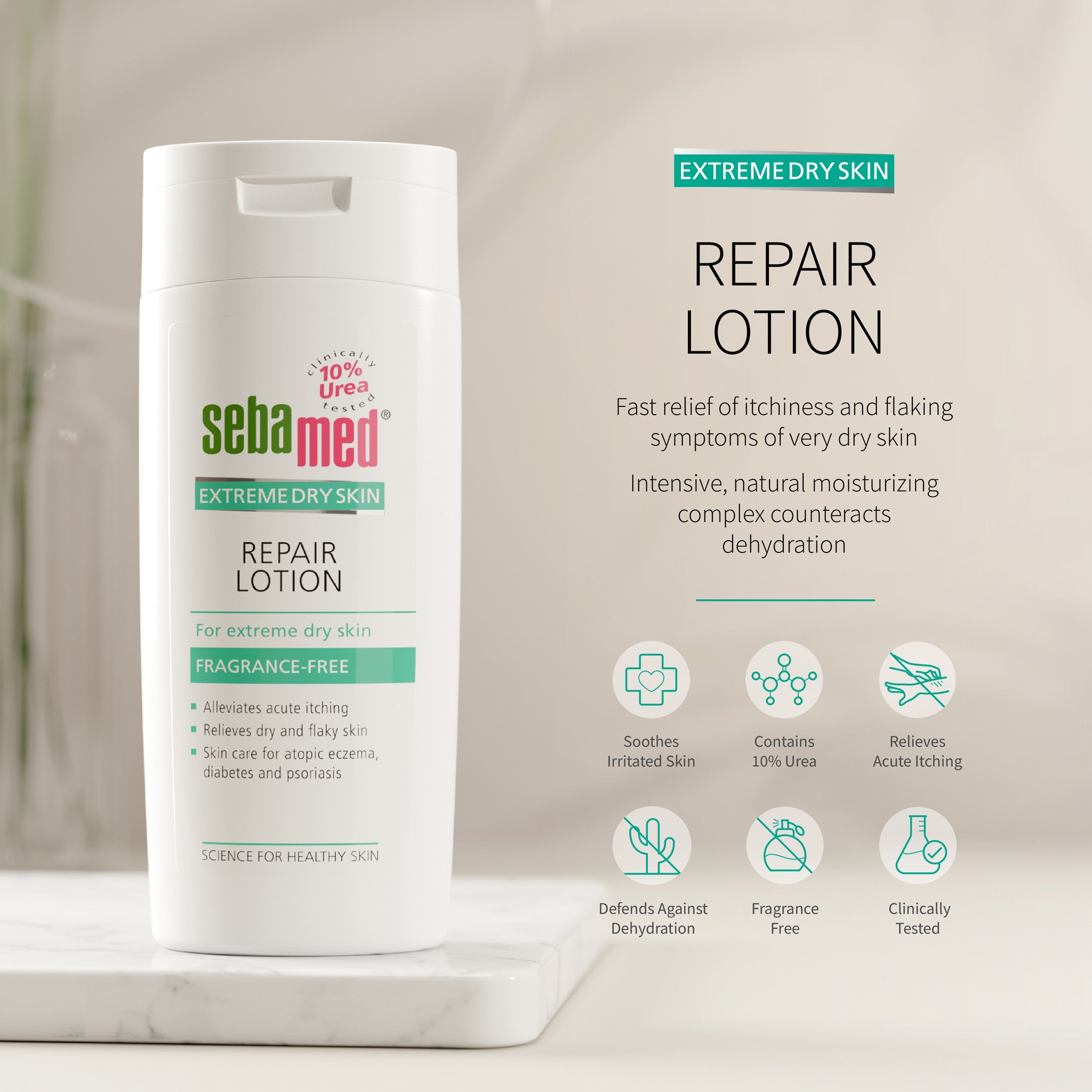Sebamed Extreme Dry Skin Repair Lotion shown in a white bottle on a marble pedestal with product text and benefit icons on a soft beige background. 