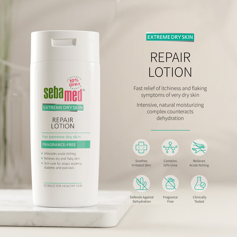 Sebamed Extreme Dry Skin Repair Lotion shown in a white bottle on a marble pedestal with product text and benefit icons on a soft beige background. 